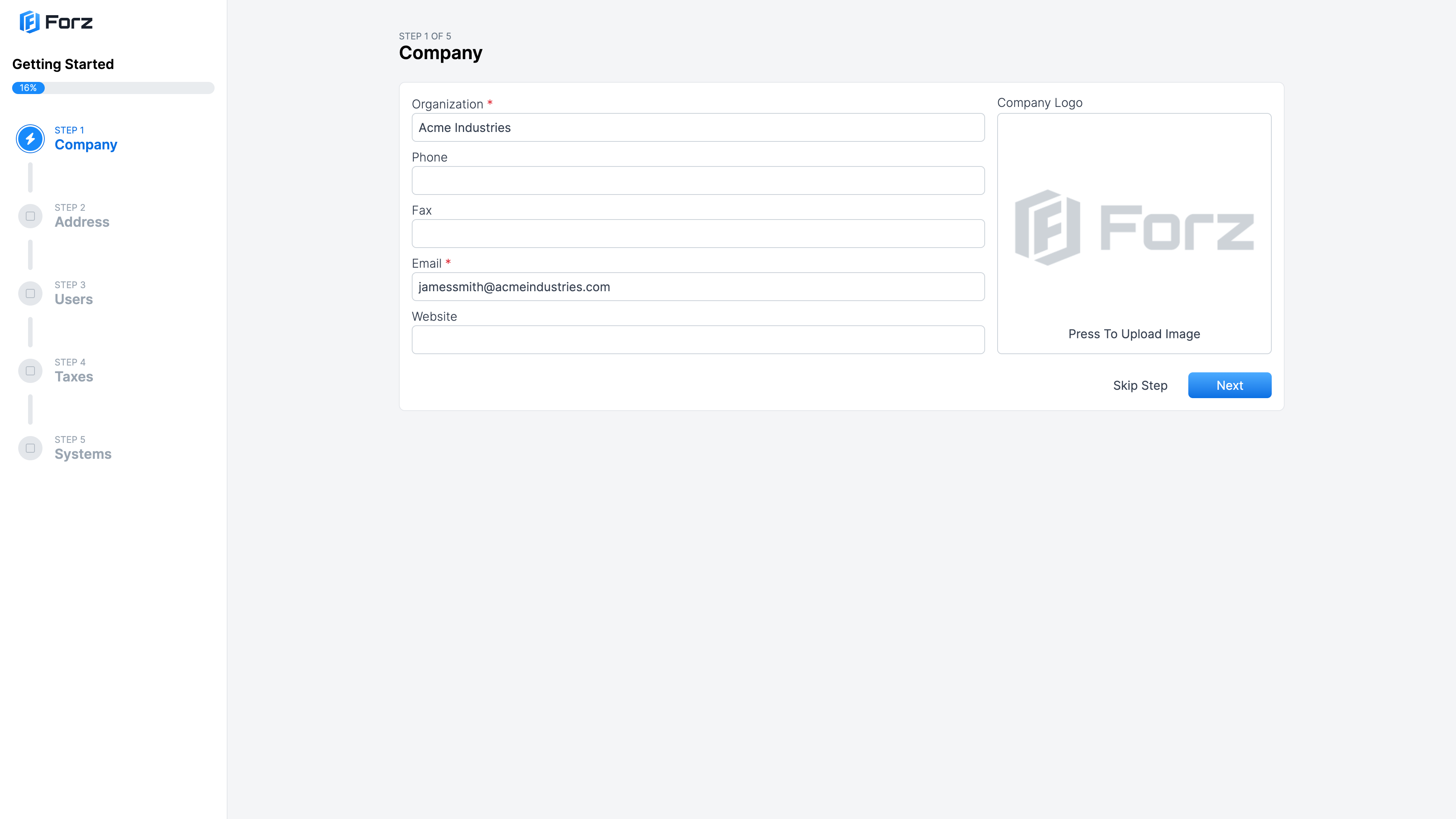 Company setup form