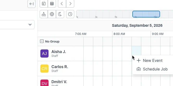 New Event and Schedule Job menu on a calendar slot