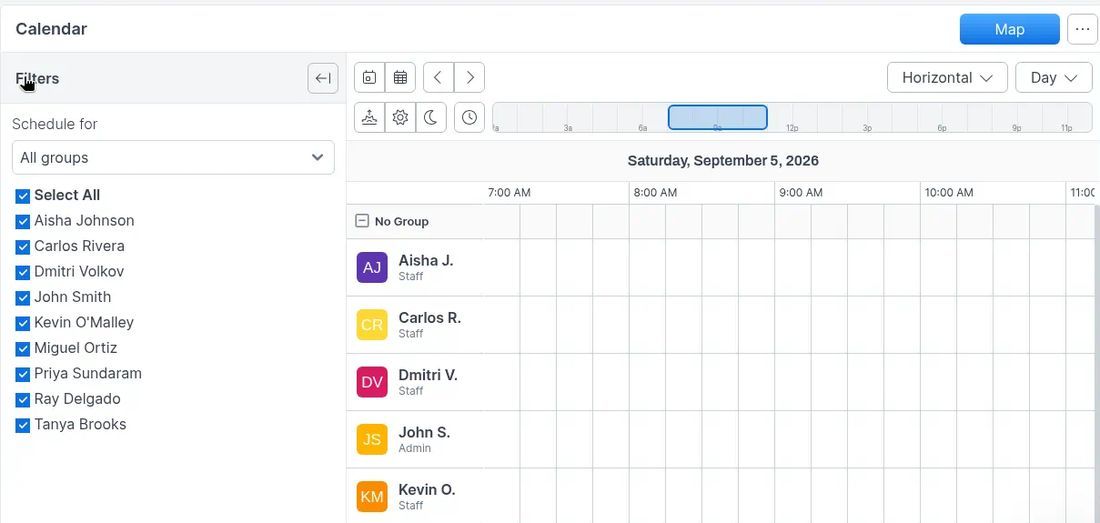 Calendar page with filters and day grid
