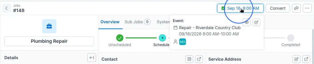 Job scheduled time Event popup with view and edit