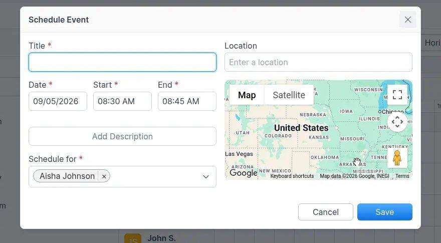Schedule Event form with title date and Save