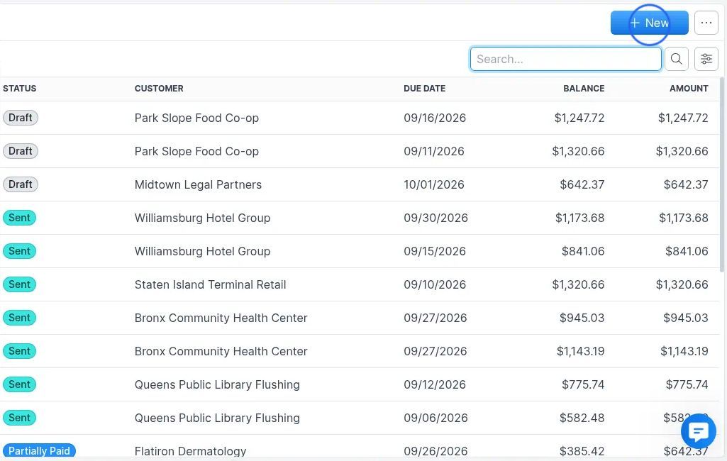 Invoices list with the New button