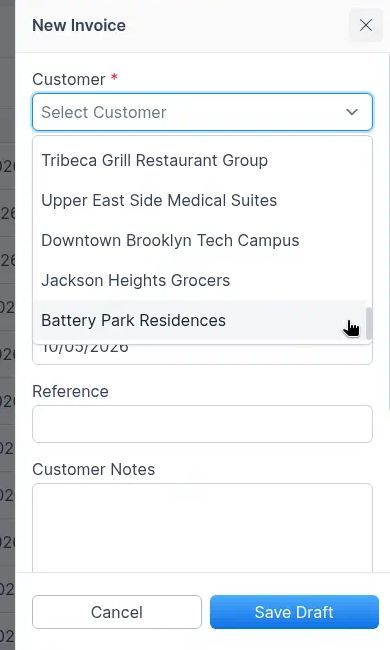 Customer picker on the New Invoice panel