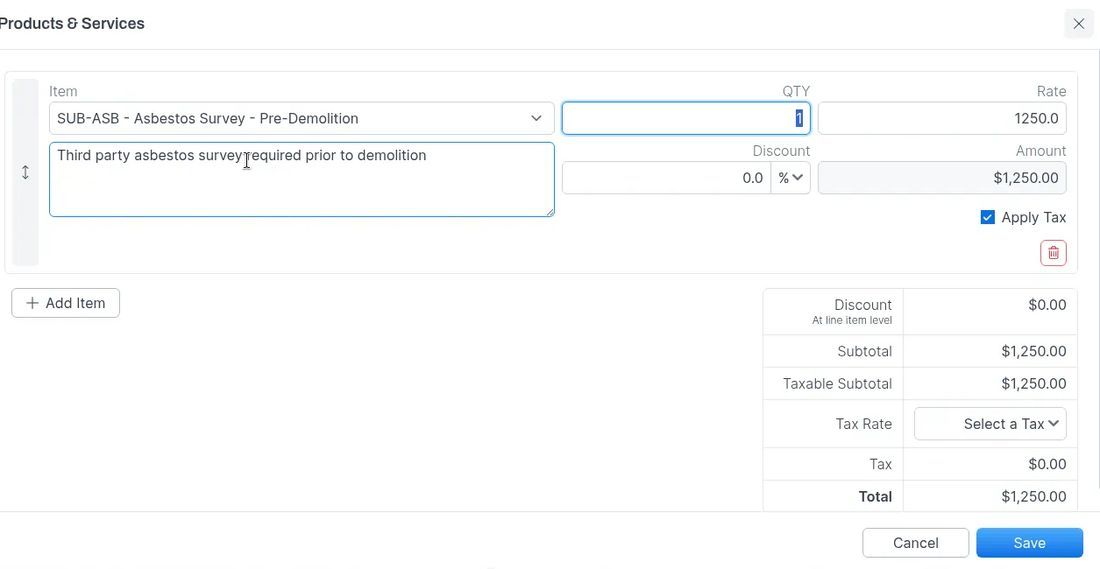Products and Services line item with Apply Tax