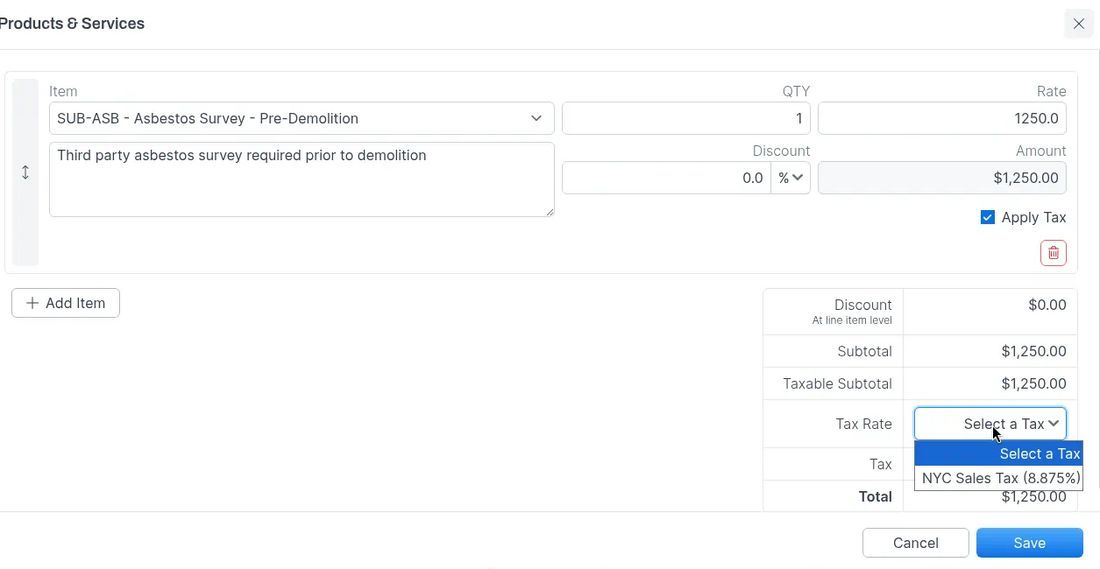 Tax Rate picker on Products and Services