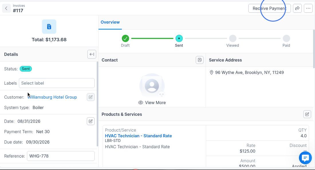 Sent invoice overview with Receive Payment