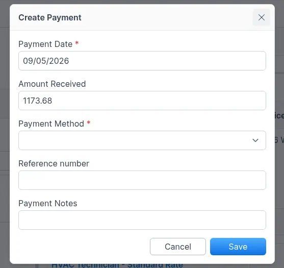 Create Payment form on an invoice