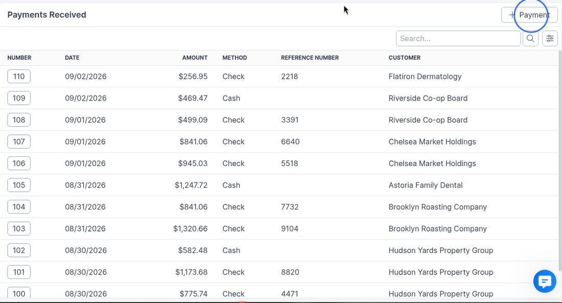 Payments Received list with Payment button