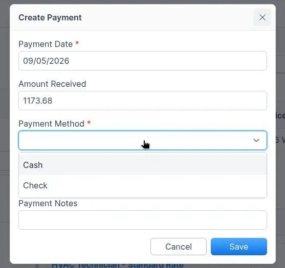 Payment Method options Cash and Check