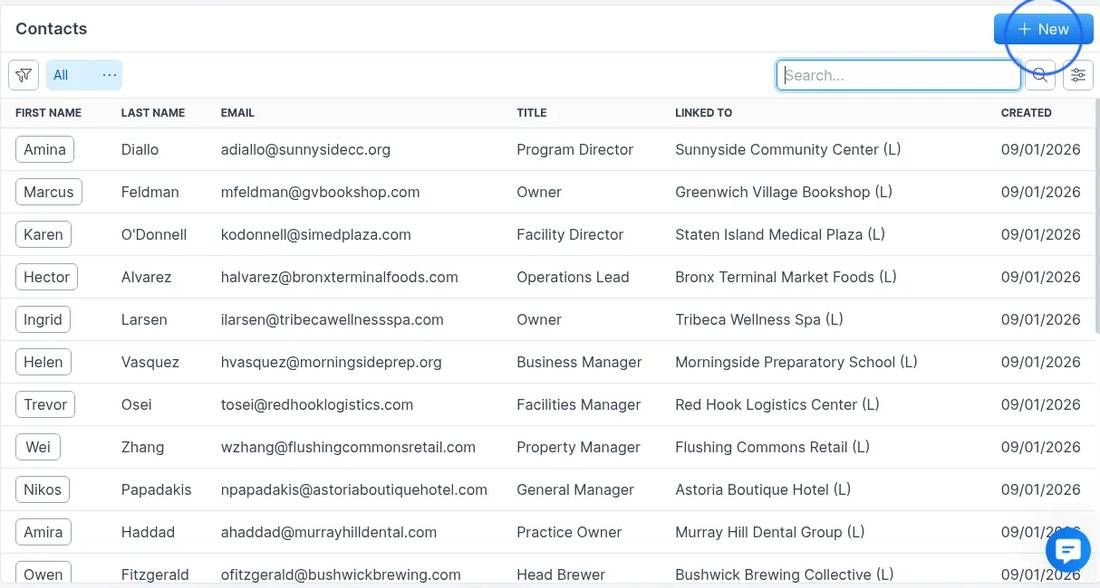 Contacts list with New button