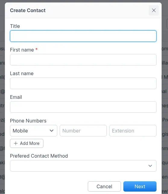 Create Contact form with Cancel and Next