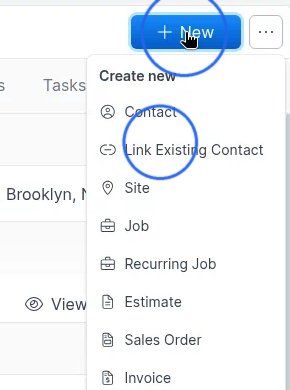Customer New menu Contact and Link Existing Contact