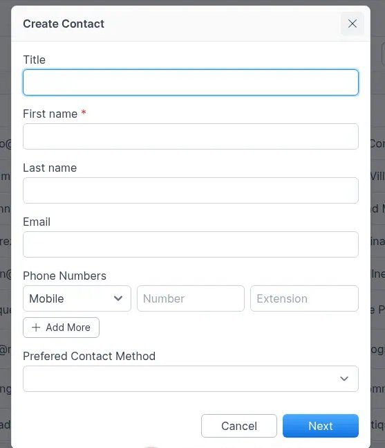 Contacts list New opens Create Contact