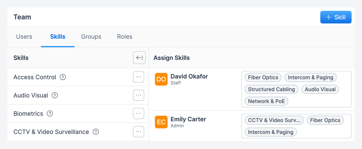 The Skills tab, with the skill list on the left and Assign Skills on the right