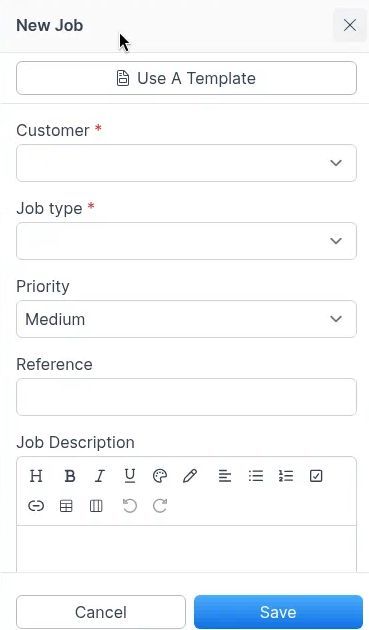 New Job drawer with required fields