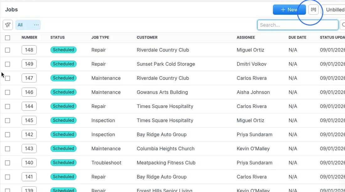 Jobs list with New button