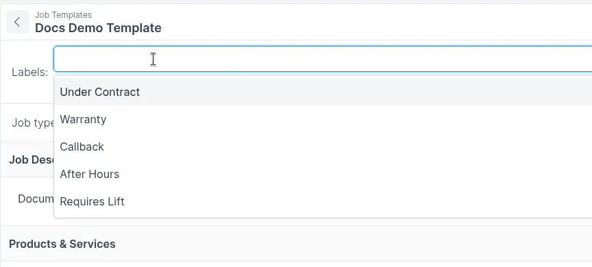 Label options on a job template