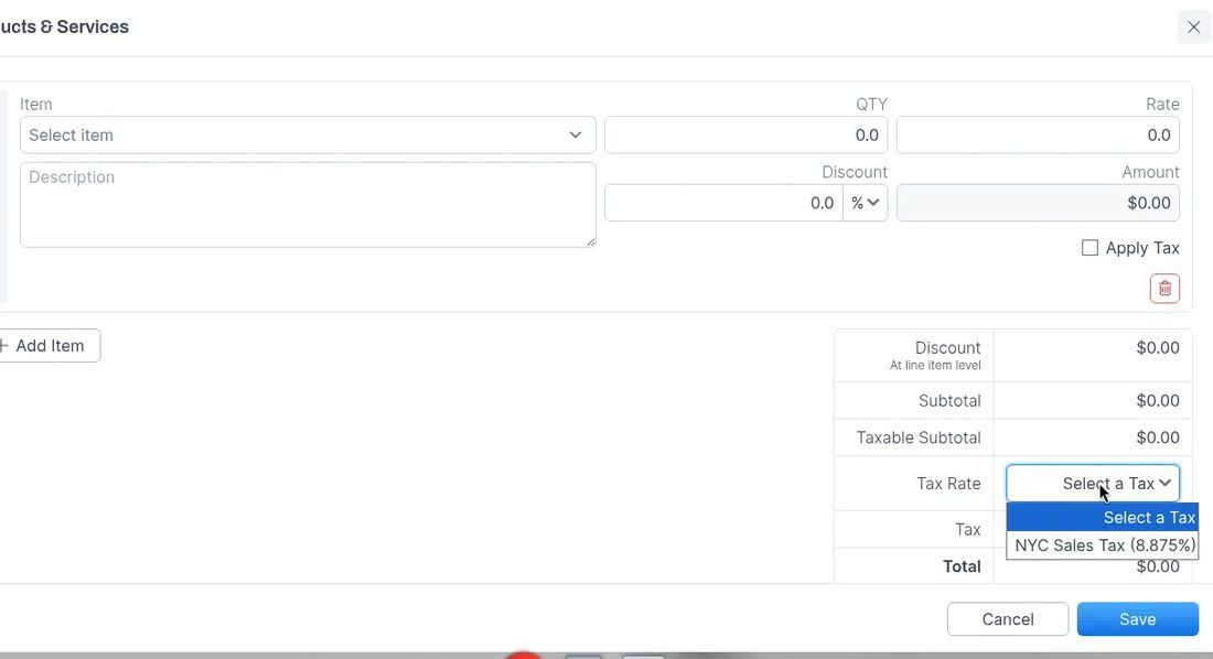 Products and Services line items and tax