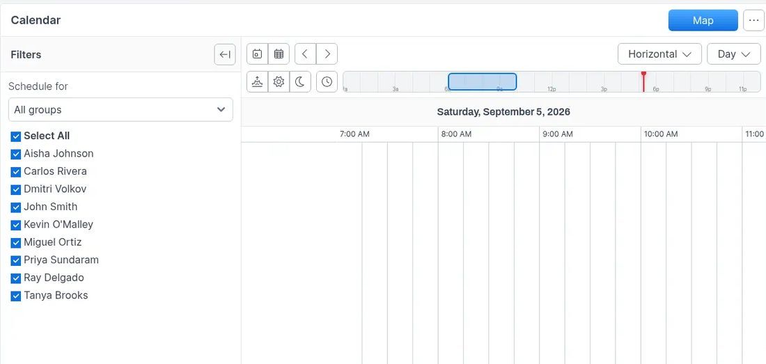 Calendar page in Day view with filters and Map
