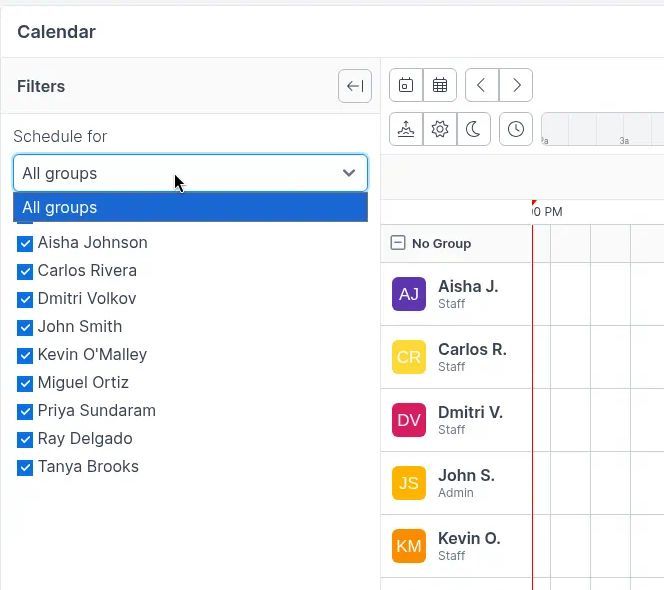 Schedule for All groups filter with staff checkboxes