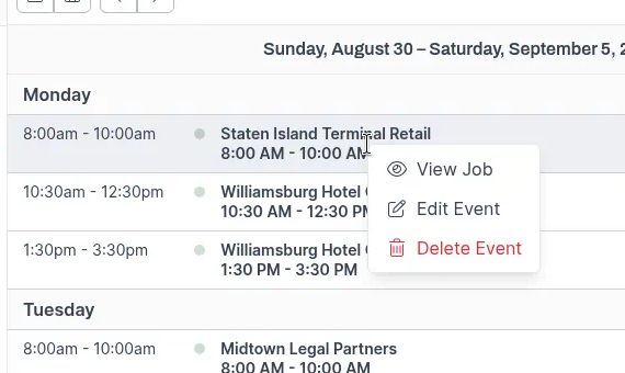 View Job Edit Event and Delete Event on a calendar item