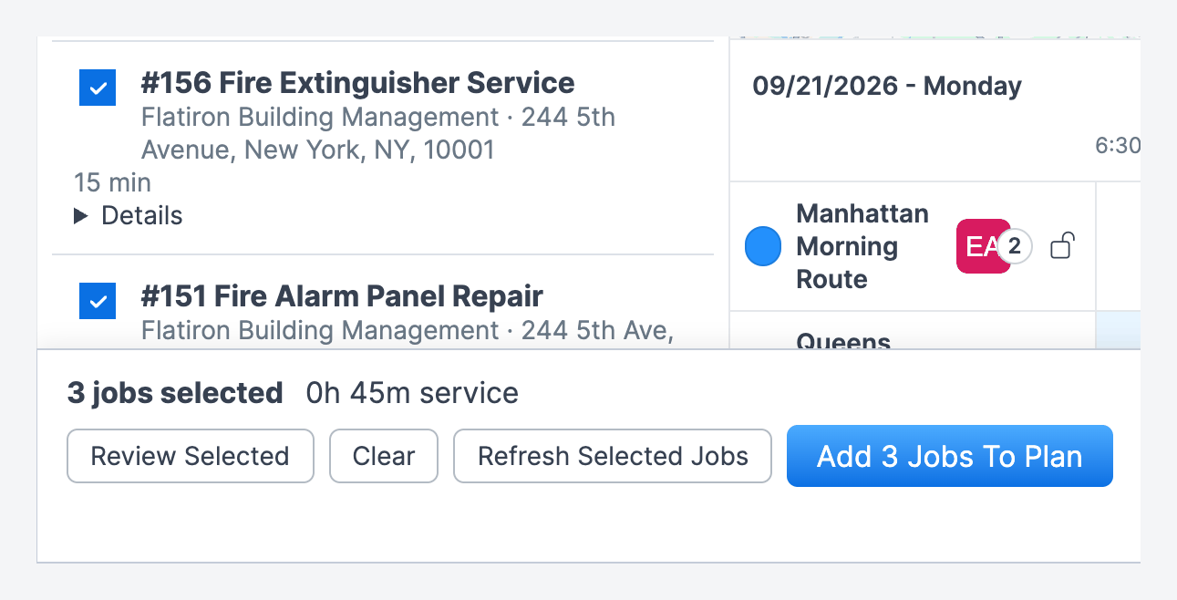 Ticked candidate jobs in the Add Jobs list, with the selection bar below reading 3 jobs selected, 0h 45m service, and the buttons Review Selected, Clear, Refresh Selected Jobs and Add 3 Jobs To Plan.