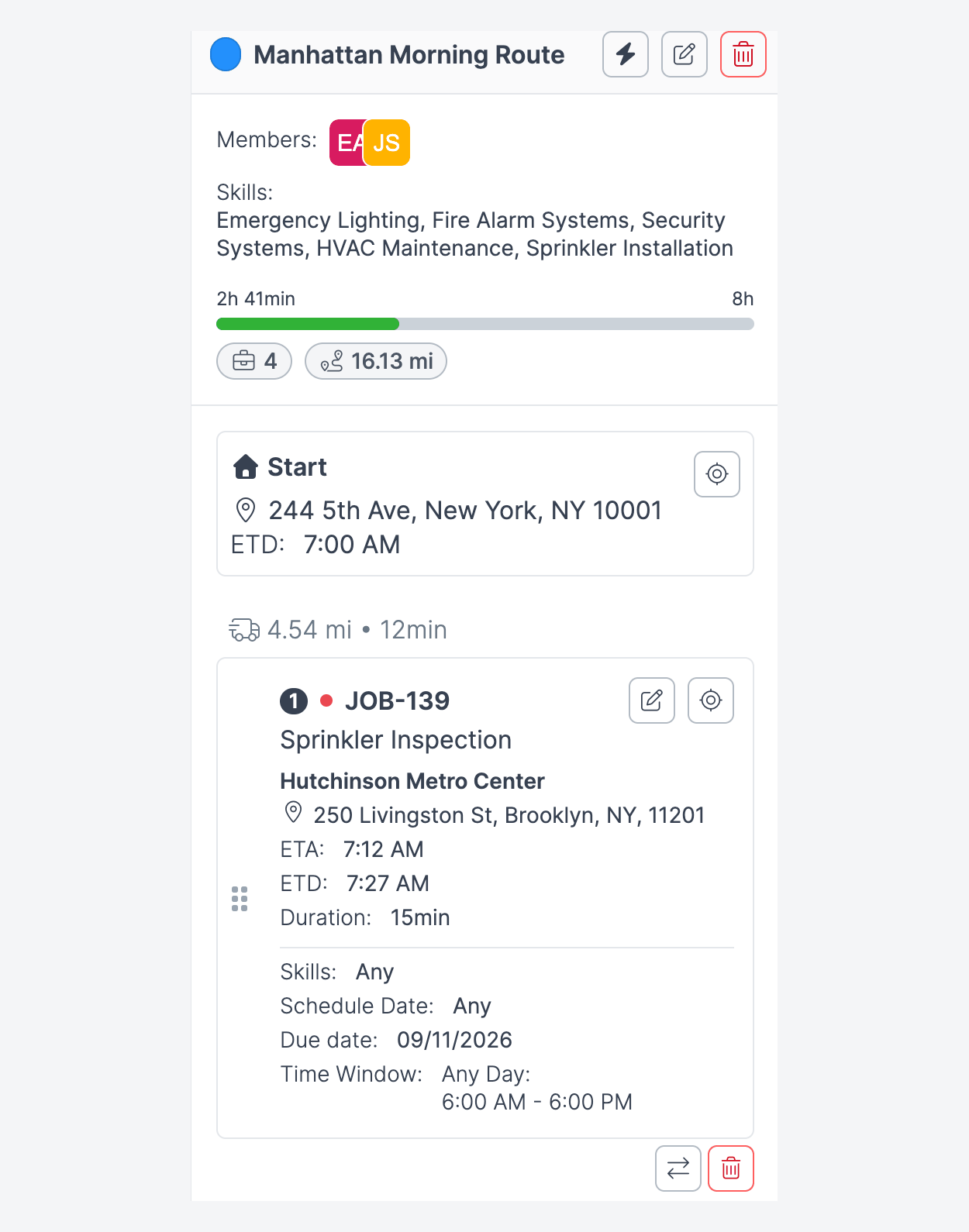 The Manhattan Morning Route details panel showing members, skills, 2h 41min used of an 8h shift, the Start card, a 4.54 mi travel leg, and the first stop with its ETA, ETD, duration and time window.