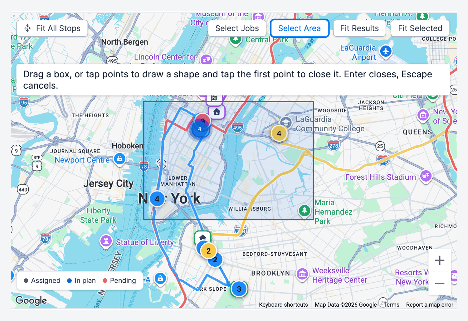 The planner map in Select Area mode with a selection rectangle drawn over Manhattan and Brooklyn, and the hint explaining that you can drag a box or tap points to draw a shape.