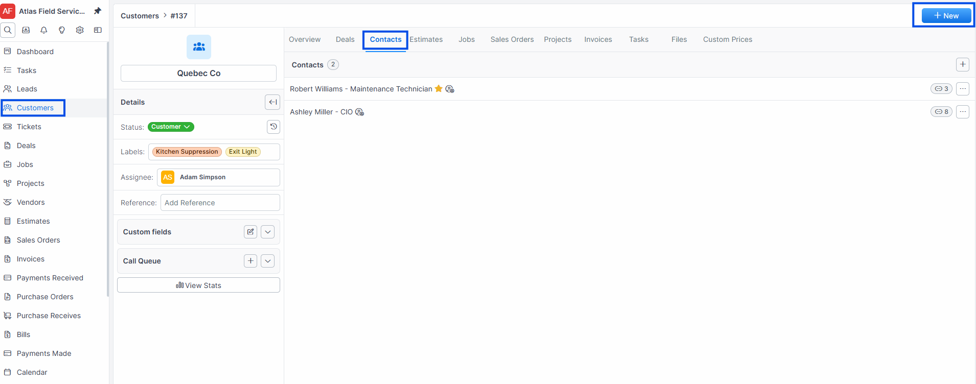 Customer contacts tab
