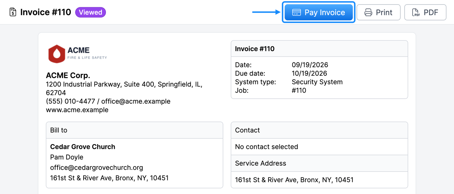Invoice opened from the invoice link, with the Pay Invoice button highlighted next to Print and PDF