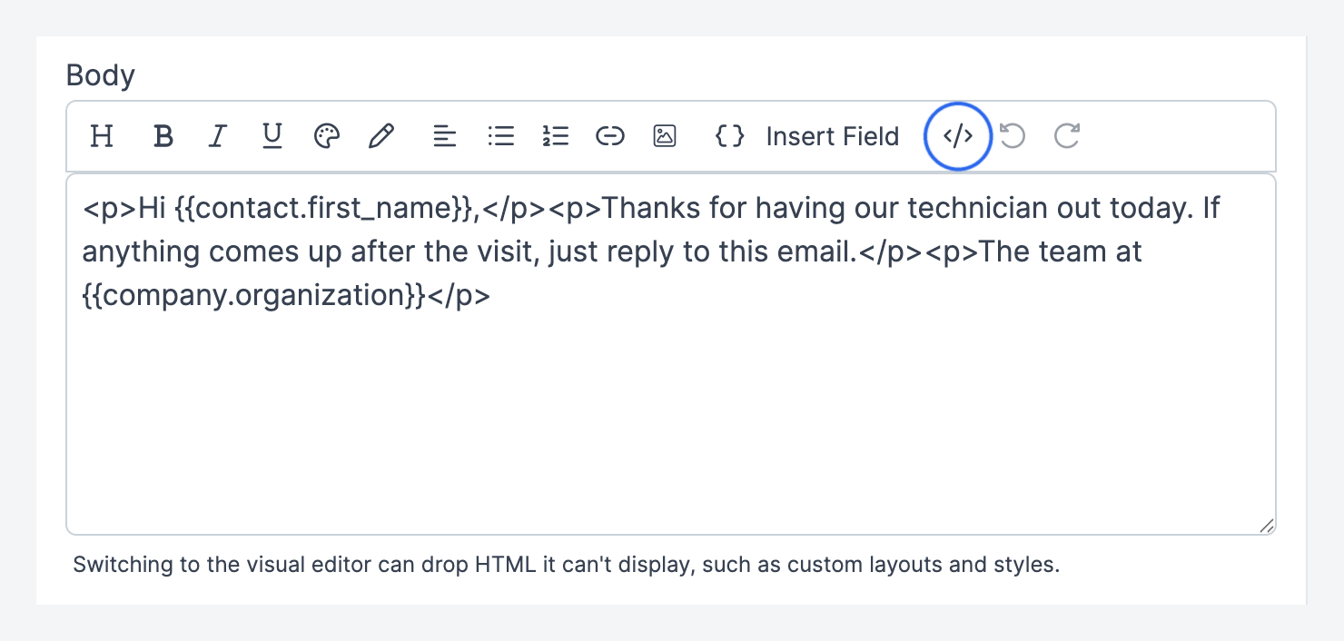 Template Body in HTML mode showing raw HTML, with the code icon circled and the note about switching back to the visual editor.