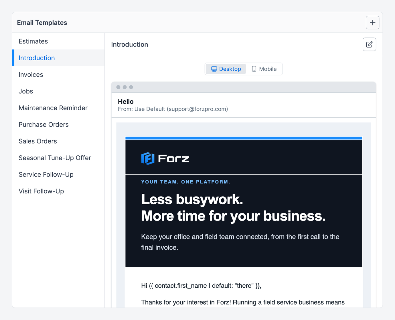 Email Templates tab in Settings with the template list on the left and the Introduction template selected, previewed on the right in a desktop window with the Desktop and Mobile switch above it.