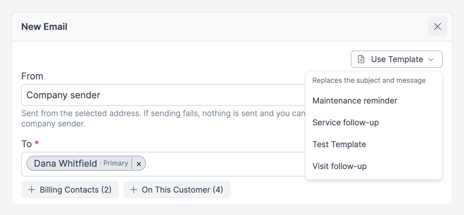 Email form opened from a customer's contacts with the Use Template menu open, showing Replaces the subject and message above the custom templates.
