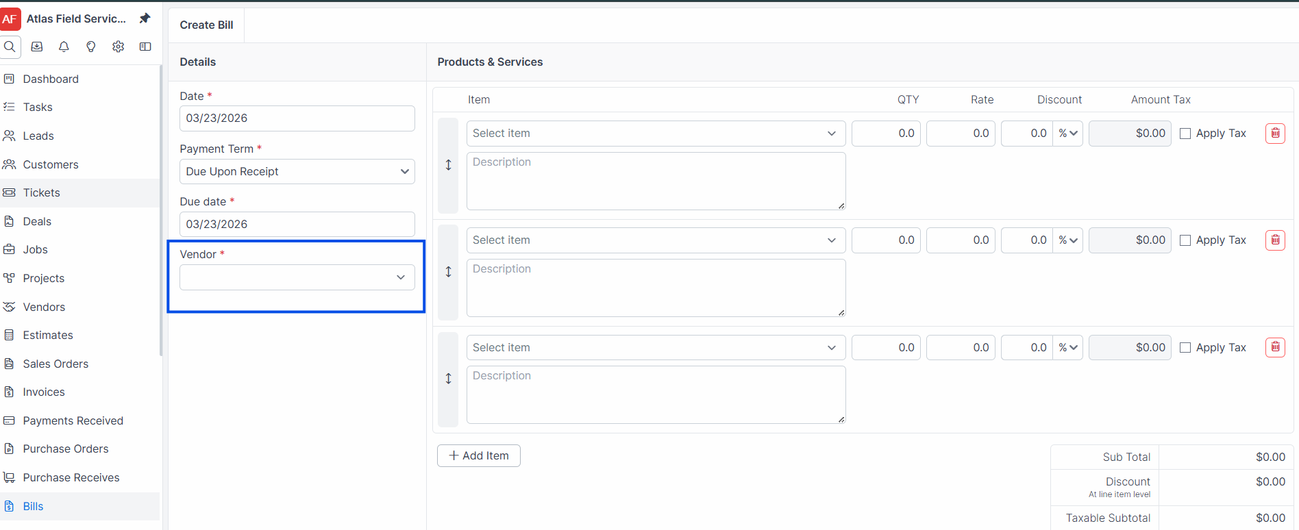 Create bill form
