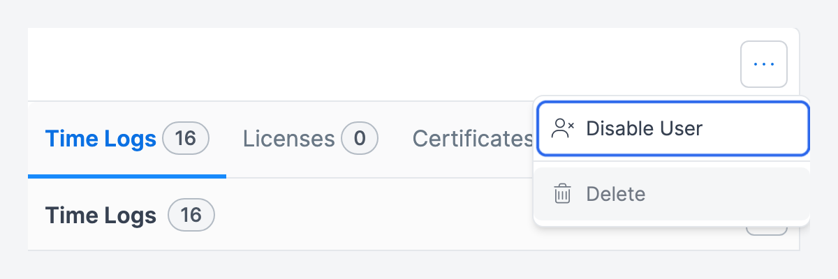 The More options menu on a user's profile, with Disable User highlighted