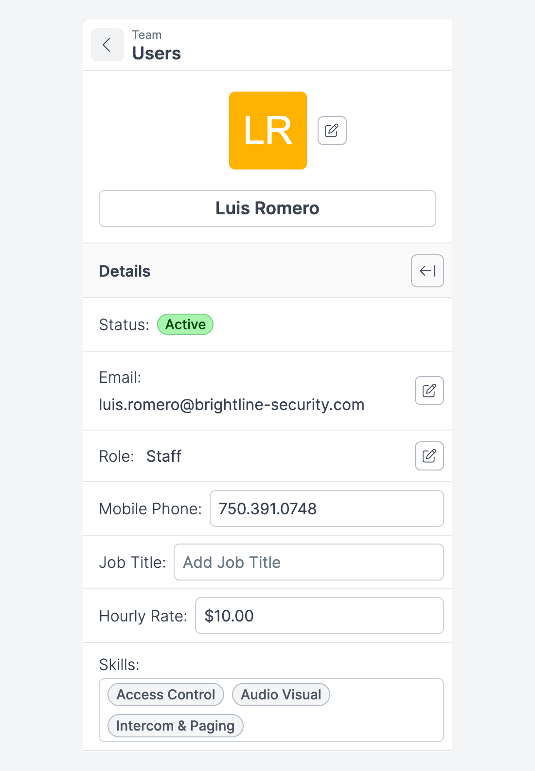 A user's profile with photo, name, and the Details panel showing Status, Email, Role, Mobile Phone, Job Title, Hourly Rate, Skills and Time Zone