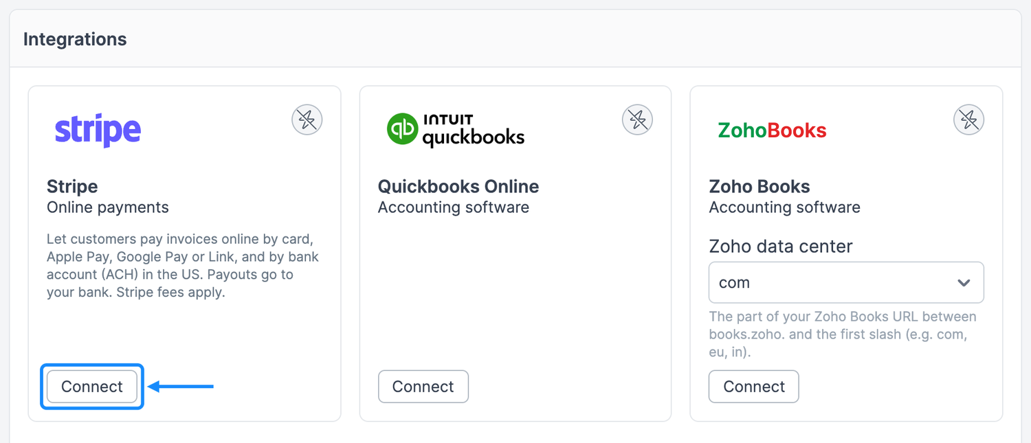 Settings, Integrations tab: the Stripe card is not connected yet, with the Connect button highlighted