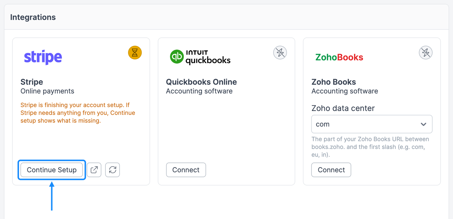 Stripe card with an amber badge and the message Stripe is finishing your account setup, with the Continue Setup button highlighted