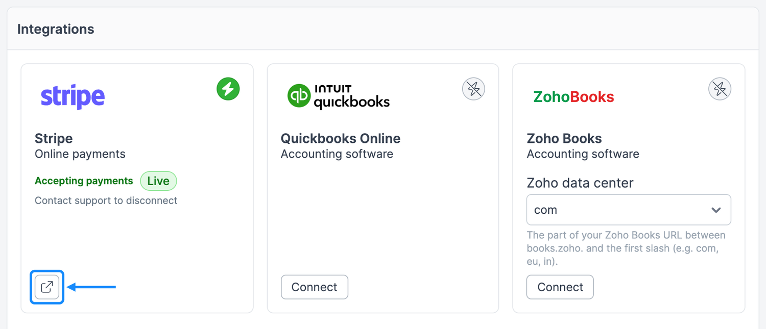 Stripe card showing Accepting payments with a Live badge and Contact support to disconnect, with the external link icon that opens the Stripe Dashboard highlighted