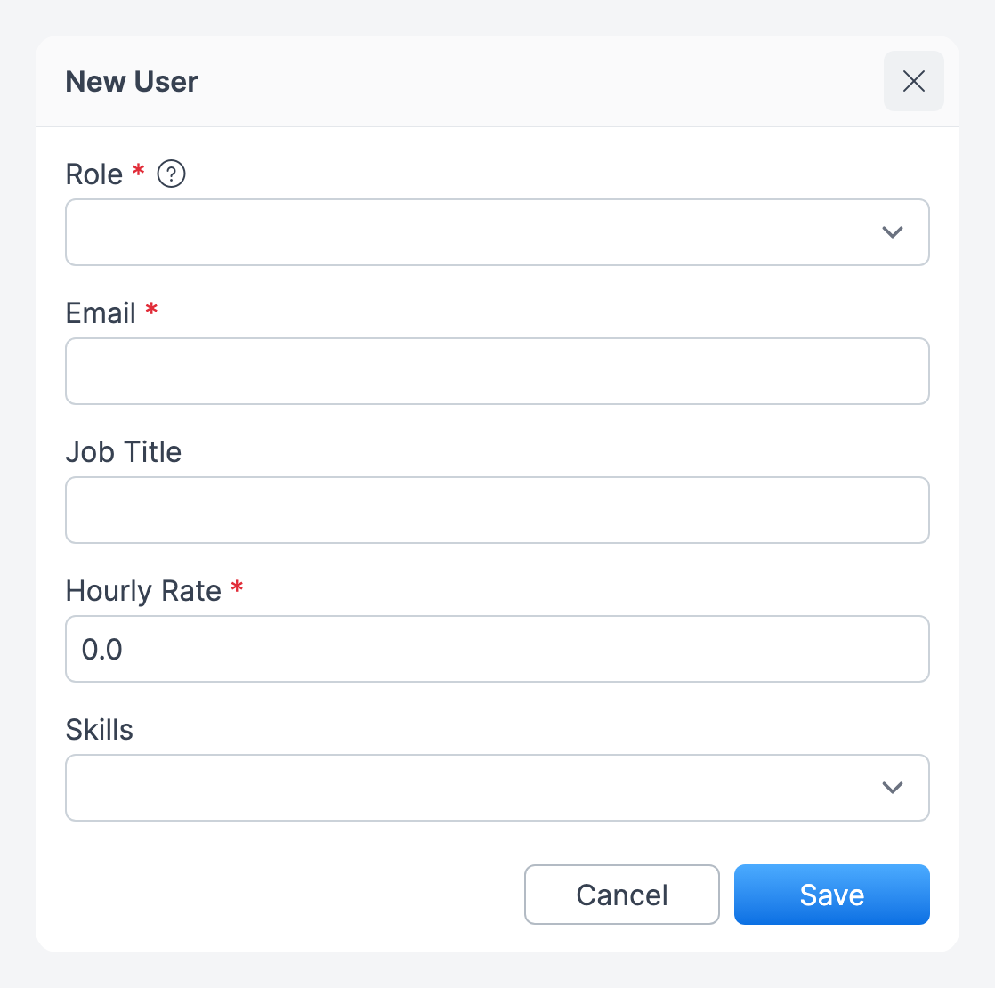 The New User form with Role, Email, Job Title, Hourly Rate and Skills fields