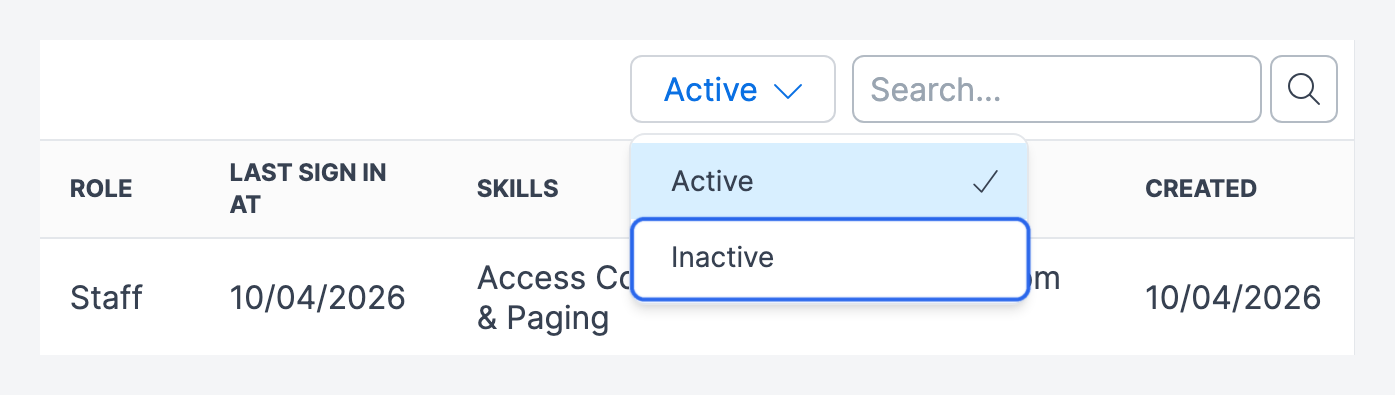 The Active filter open beside the search box, with Inactive highlighted