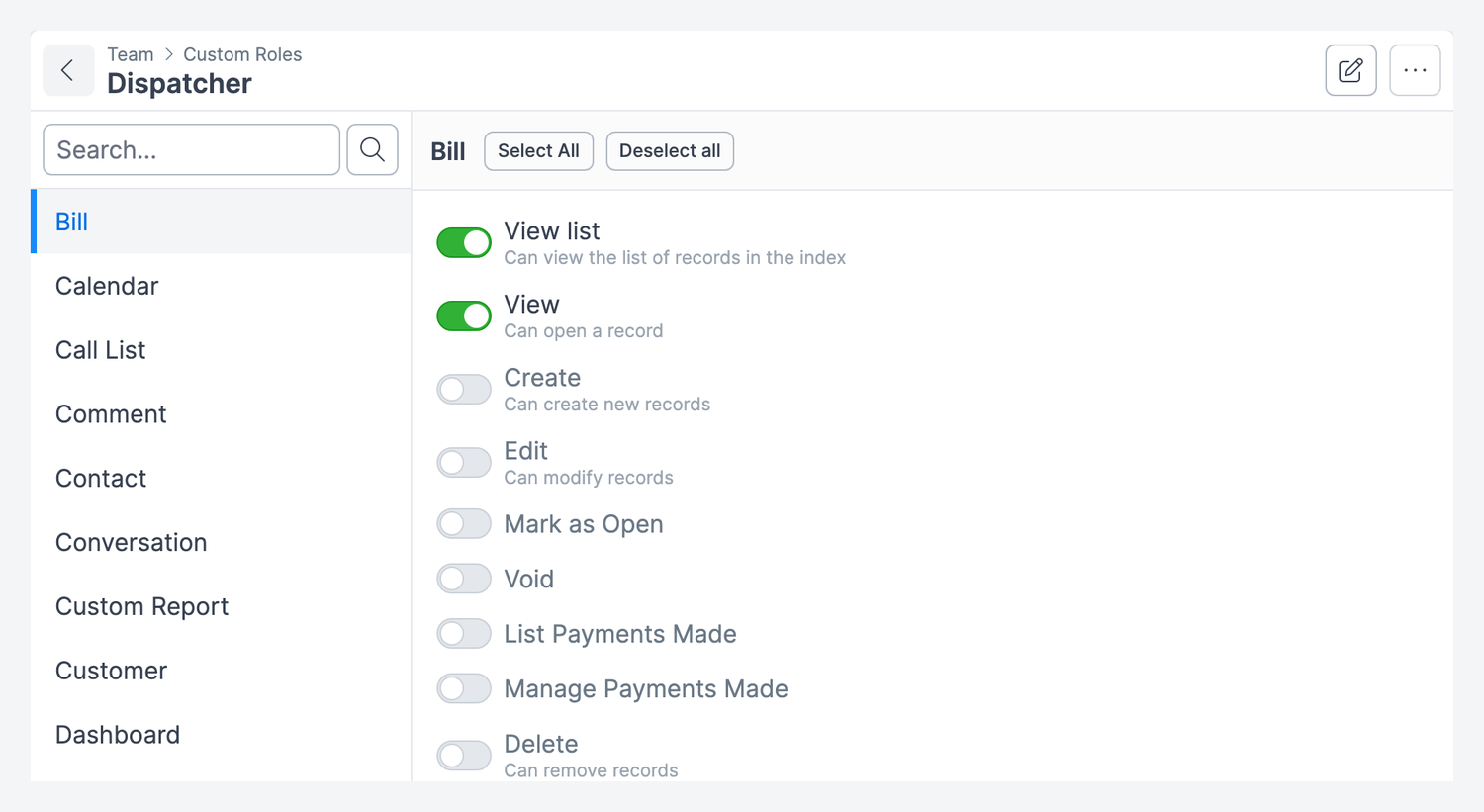 A role's permission page with the feature list on the left and permission switches on the right
