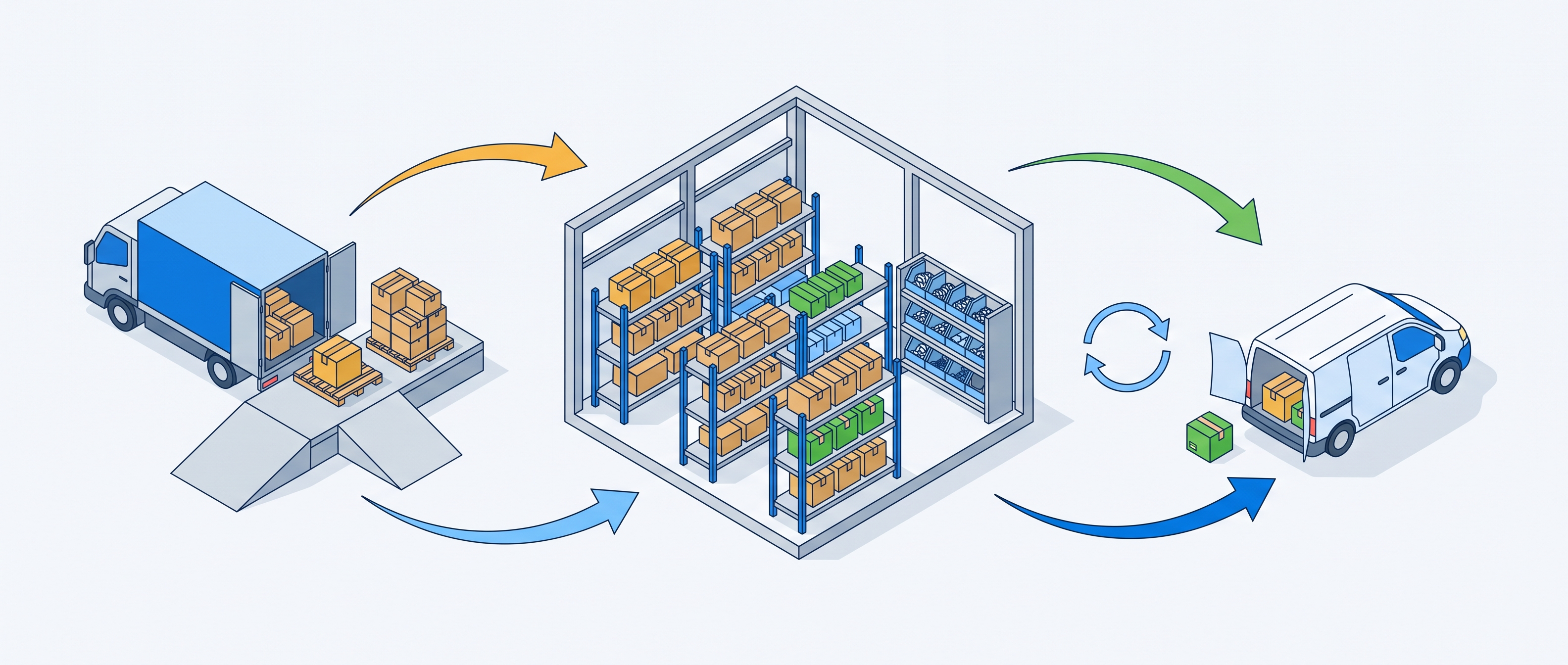 Stock flowing from a delivery truck into a warehouse and out to a service van