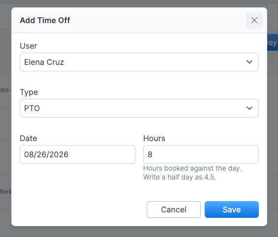 The Add time off modal