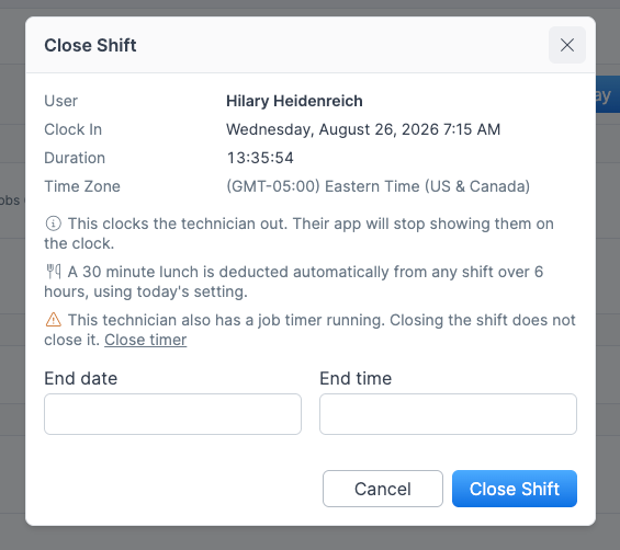 The Close shift modal