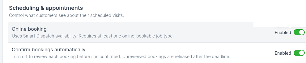 Scheduling and appointments with Online booking and Confirm bookings automatically enabled