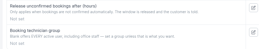 Release unconfirmed bookings after hours and Booking technician group