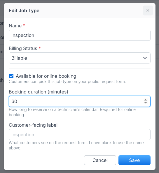 Edit Job Type with Available for online booking, booking duration, and customer-facing label