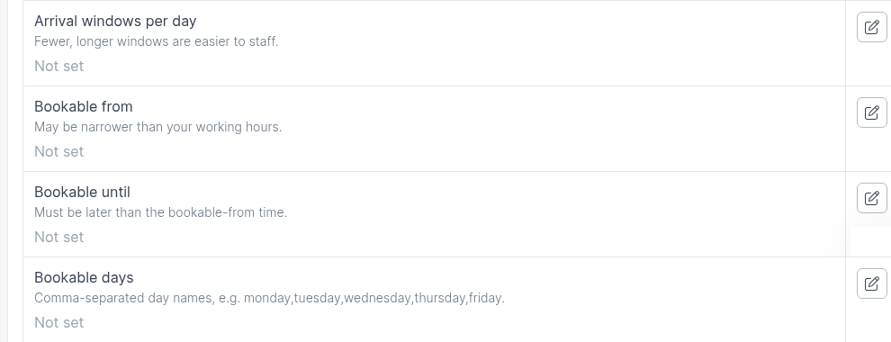 Arrival windows per day and bookable from, until, and days settings