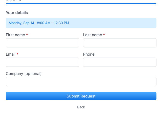 Public form contact details step with Submit Request